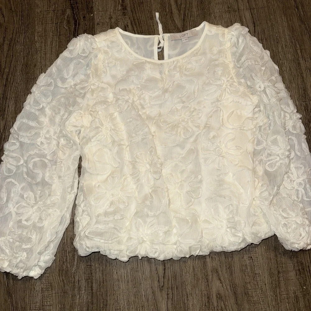 Loft Ivory Floral Appliqué Blouse Tie Back S - Picture 2 of 7